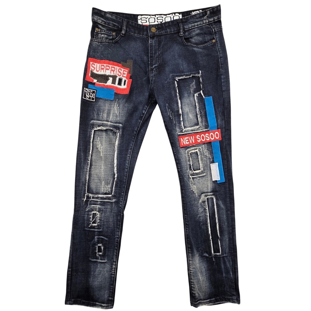 SOSOO Fashion Streetwear‎ Blue Jeans Distressed Patchwork Mens 36x32